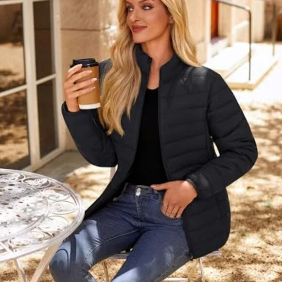 Quilted Puffer Jacket Lightweight Warm Winter Coat Stand Collar Full Zip Chic